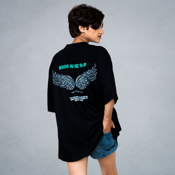 BIRD IN TRAP WOMEN OVERSIZED T-SHIRT IN BLACK